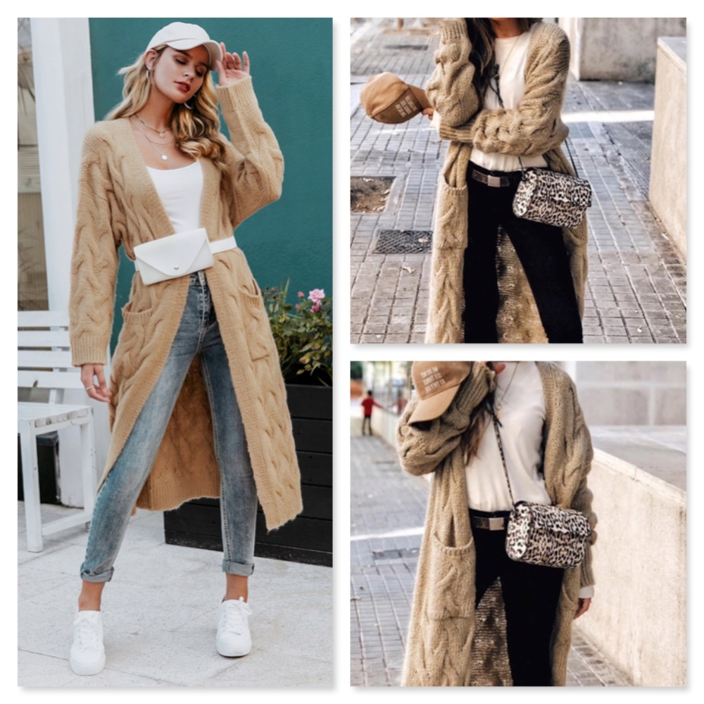 Open Cable Knit Cardigan, Long w/Pockets, Khaki - Picture 4 of 9